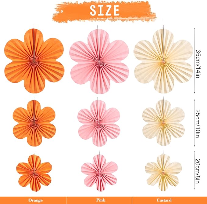 PAPER JAZZ Spring Paper Flowers Decoration Summer Orange Birthday Party Decoration Orange Pink Groovy Paper Fans Classroom for Wall Hanging Decor for Office Baby Shower Bulletin Board.
