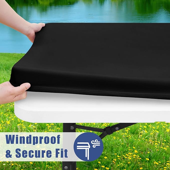 Moosfor Spandex 6 Foot Rectangle Table Cloth 4 Pack, Elastic Fitted Tablecloths for Picnic, Stretch Washable Patio Table Cover for Outdoor, Camping, Banquet and Parties (Black, 30"x72")