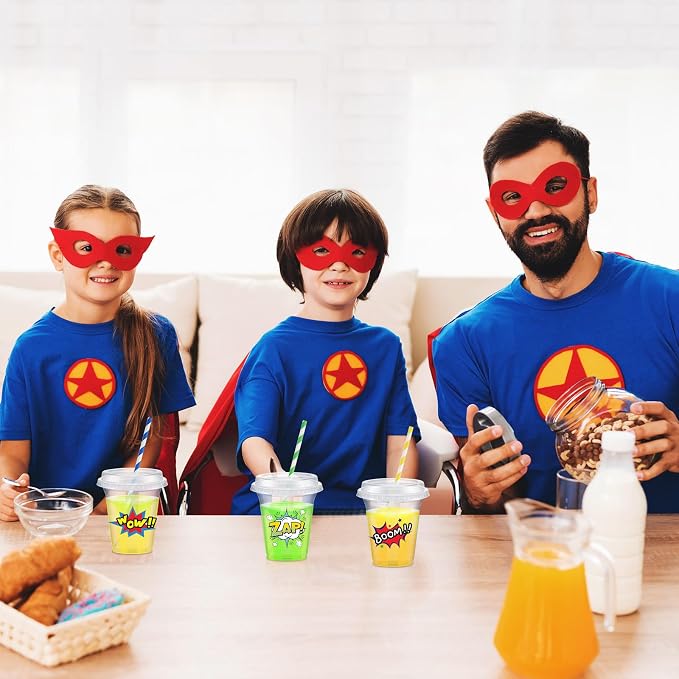 Qinyoung 60 Sets Hero Party Cups with Lids and Paper Straws 14 oz Hero Birthday Party Supplies Favor Disposable Clear Plastic Cups Bulk