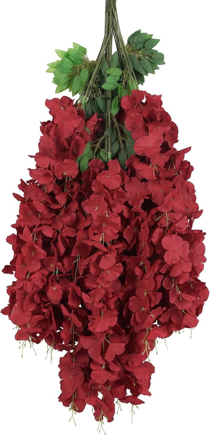 12Pack Burgundy Wisteria Hanging Flowers Vines 3.6ft Artificial Silk Flowers Fake Wisteria Bushy Garland Hanging Rattan String for Garden Home Wall Wedding DIY Party Decorations (Burgundy)