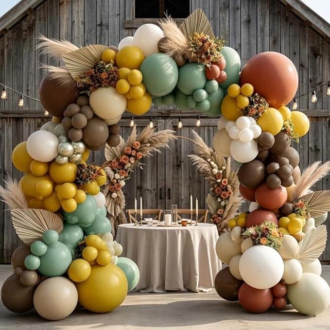 Green Brown Balloon Arch Double Stuffed Latex Sage Green White Gold Balloons Mustard Yellow White Balloon Garland For Birthday Baby Shower Safari Jungle Wooland Garden Theme Party Decor