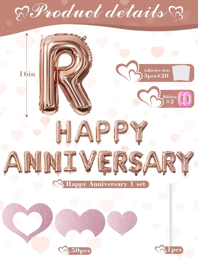 Rose Gold Anniversary Decorations Set, Heart Balloons with Happy Anniversary Banner and LOVE Foil Balloon, Romantic Decorations for a Special Night, Valentines Day Anniversary Party Surprise