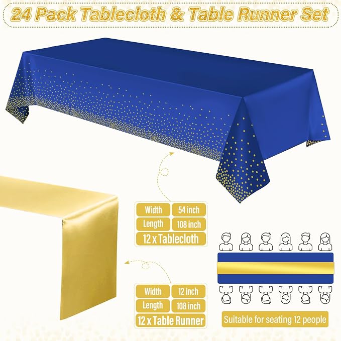 24 Pack Blue and Gold Tablecloth and Table Runner Party Decorations, Royal Blue and Gold Plastic Disposable Tablecloth and Satin Table Runner for Wedding Birthday Bridal Graduation Anniversary Party
