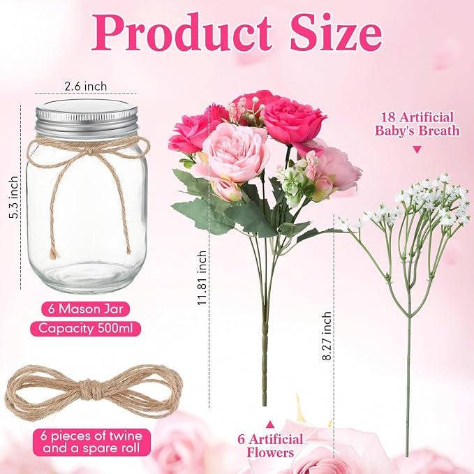 Zeyune 6 Sets Mason Jar Centerpiece Table Decorations, Artificial Peony Baby's Breath Flower Bouquets, Faux Flowers with Vase, Rustic Decor Gifts for Home, Wedding, Holiday (Pink Mix)