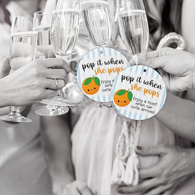 Little Cuties Pop It When She Pops Hang Tag 30pk 2.5” Circles Labels Baby Shower Summer Oranges Champagne Favors Tags