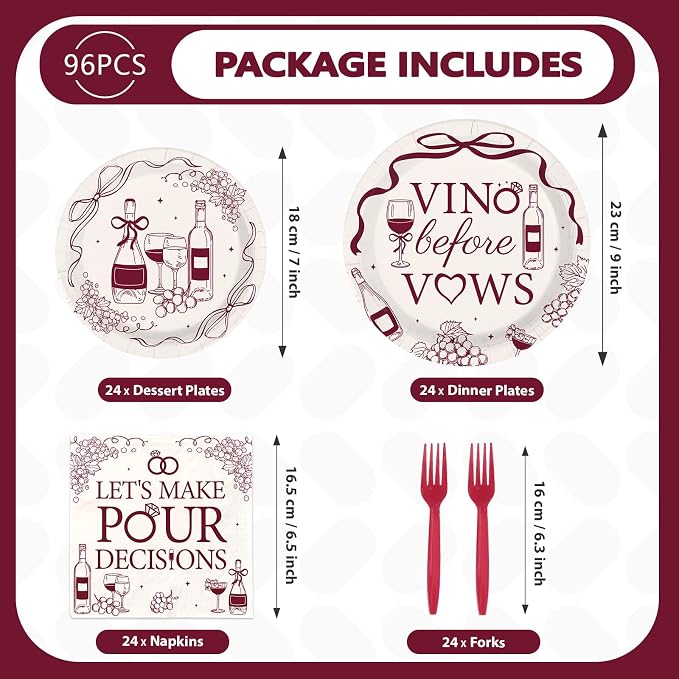 96 Pcs Vino Before Vows Bachelorette Party Decorations Vino Before Vows Plates and Napkins Let's Make Pour Decisions Tableware Set for Bridal Shower Bachelorette Party Supplies, Serves 24