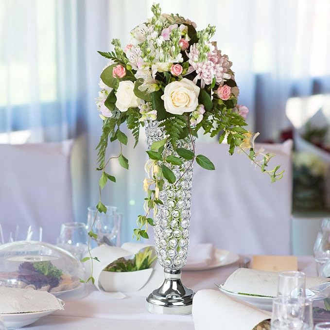 2-Pack 18.5" Tall Silver Vases, Elegant Crystal Trumpet Vase, Gorgeous Centerpiece Flower Stand | Artificial Flower Arrangement for Weddings, Anniversaries | Home & Party Decor Display