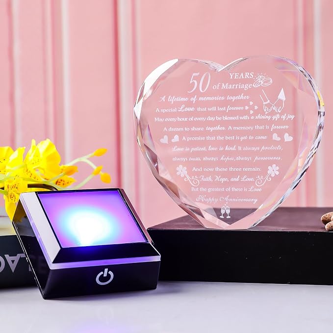 50th Wedding Anniversary Crystal Gifts for Couples Parents with Colorful LED Base Heart Romantic Happy 50th Anniversary Plaque Gift for Husband Wife 50 Years of Marriage Gifts for Her Him