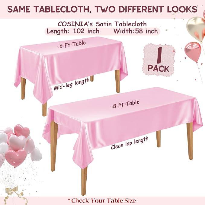 1 Pack Pink Satin Tablecloth 58 x 102 Inches, Rectangular Satin Table Cloths for Wedding Reception, Birthday Party, Graduation & Holiday Banquet Tables