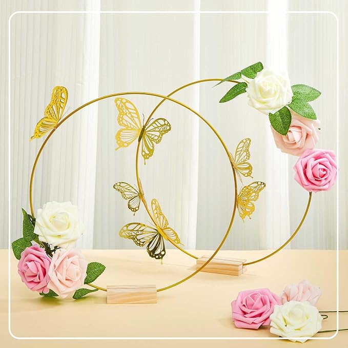 Vercraft 12 Set Butterfly Metal Floral Hoop Table Centerpieces, Metal Ring with 3D Butterfly Decor, PE Foam Flower, Adhesive Dot, Gold Wires for DIY Wedding Party(White, Pink, Pink,Round)