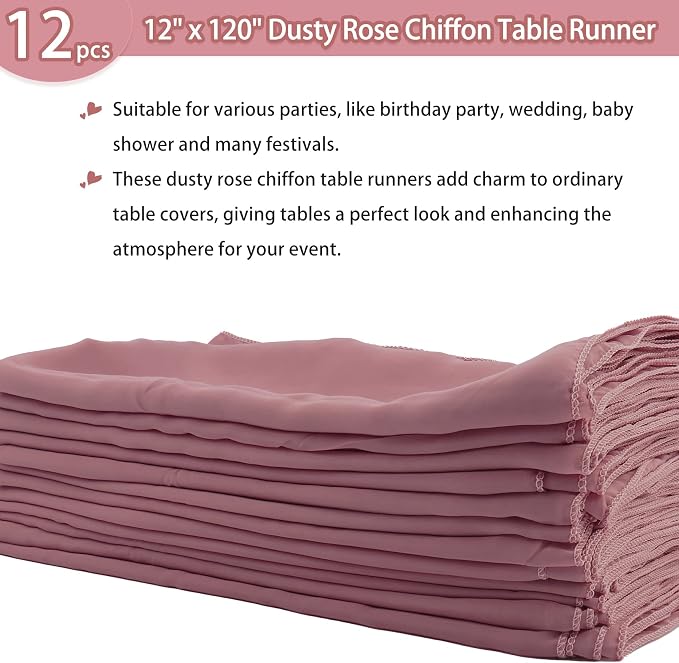 Fivenl 12 Pack Chiffon Table Runner - 12 x 120 Inches Sheer, Romantic, Wedding & Party Decoration (Dusty Rose)