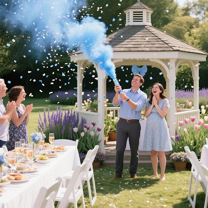 Previvo Gender Reveal Confetti Powder Cannon - 4 Pack Blue Baby Gender Reveal Poppers - 100% Biodegradable Powder Smoke - Baby Party Supplies