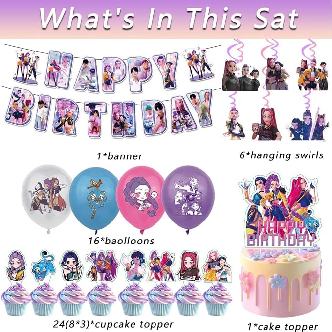 48Pcs Demon Movie Hunters Birthday Party Supplies, Party Decorations Set Include Banner, Balloons, Hanging Swirls, Cake Cupcake Toppers, Tablecloth for Boys Girls Demon Hunters Theme Party
