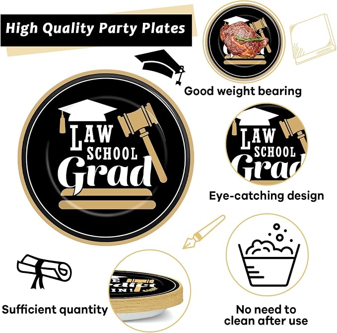 96PCS Law School Graduation Party Supplies Lawyer Congrats Grad Paper Plates and Napkins Black and Gold Congratulate Disposable Dessert Tableware for Class of 2026 Graduation Decor for 24 Guests