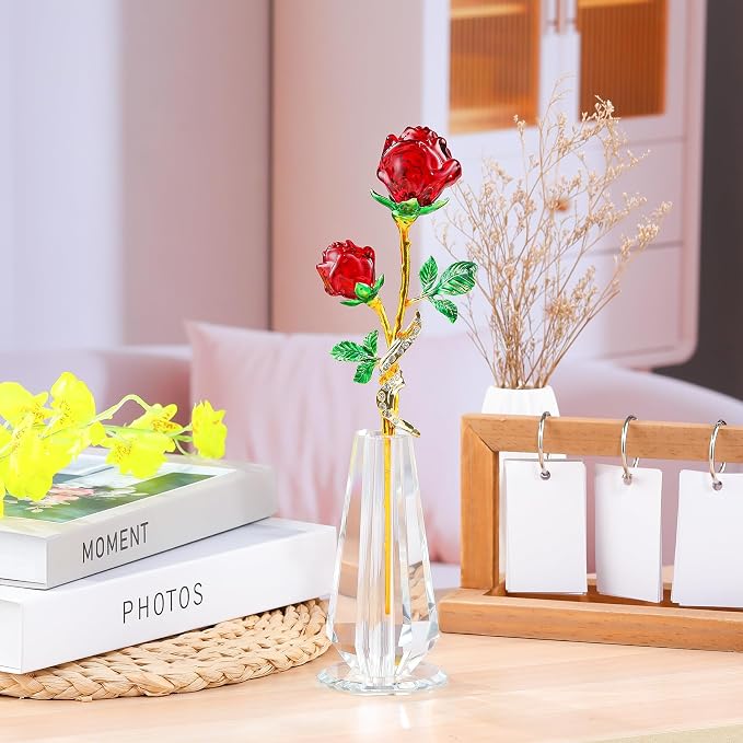Arikyrist Red Rose Flower Crystal Figurine with Vase, Handmade Bouquet Glass Flowers Ornament Rose Gifts for Wife Girlfriend Women, Crystal Flower Home Table Decor for Valentine Anniversary