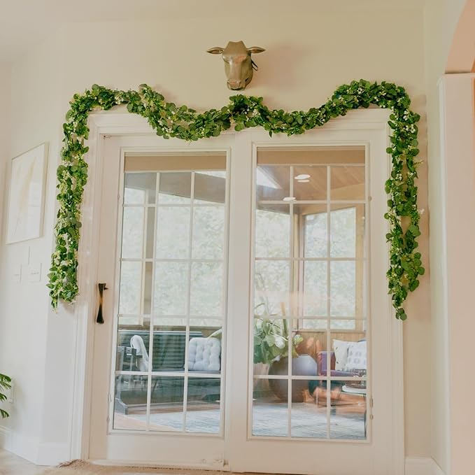 CQURE 8Pcs Eucalyptus Garland,Artificial Eucalyptus Leaves Table Greenery Garland Wreath Vines for Wedding Party Table Bedroom Wall Decor