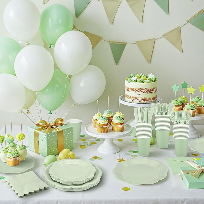 NatNarr 175 Pcs Sage Green Plates and Napkins Set, 25 Guest Sage Green Party Supplies Include Scalloped Paper Plate Napkin Cup Forks Knives Disposable Plastic Cutlery for Wedding Baby Shower Birthday