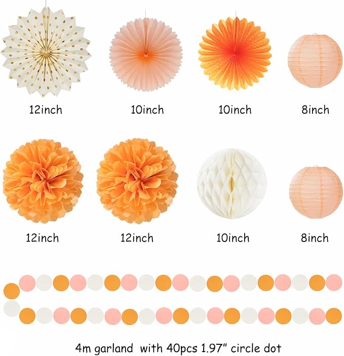 Orange Beige-Peach Fall-Boho Birthday Party-Decorations - 19pcs Neutral Women Girls Streamers Banner,Paper Star Garland Lanterns Honeycomb Fan,Tissue Pom Poms,Wall Ceiling Backdrop Supplies Ouruola