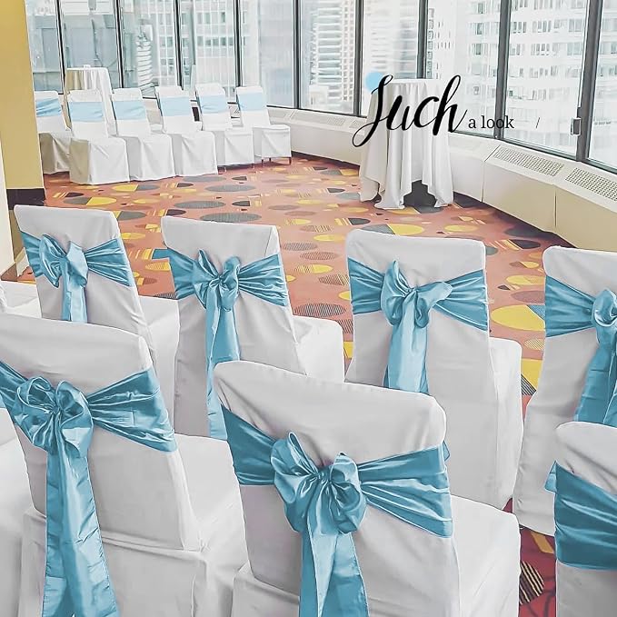 Pesonlook 60 PCS Light Blue Satin Chair Sashes Bows Satin Chair Sashes Universal Chair Cover for Wedding Reception Restaurant Event Decoration Banquet,Party,Hotel Event Decorations (7 x 108 inch)