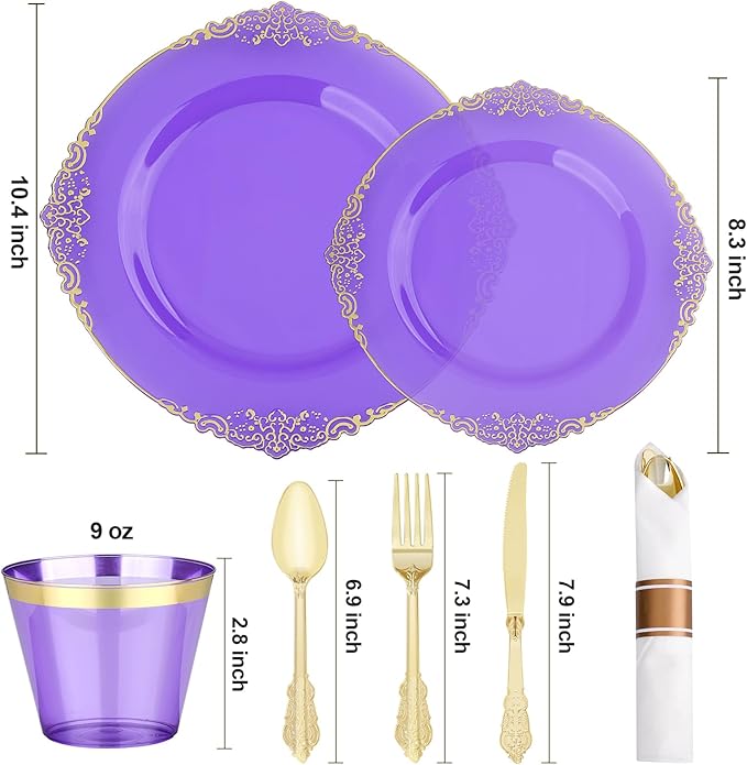 Bestluck 350 PCS Purple and Gold Plastic Plates, Disposable Dinnerware Set for 50 Guests, 100 Disposable Plates, 150 Silverwares, 50 Cups, 50 Napkins for Party, Wedding, Graduation