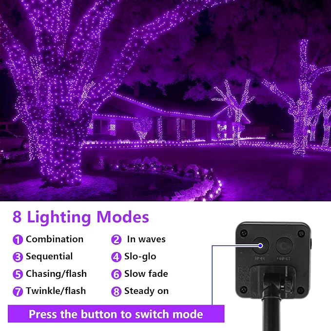 QITONG Purple Solar String Lights, 2 Pack Each 33ft 100 LED Solar Christmas Fairy Lights Outdoor Waterproof, 8 Modes Green Wire Twinkle Lights for Outside