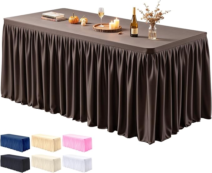 PARTISKY 1 Pack Chocolate Tablecloths for Rectangle Tables 6ft, Wrinkle Resistant Spandex Table Cover Fitted Stretch Table Cloth with Pleated Ruffle Skirts for Party Banquet Dining Birthday Wedding