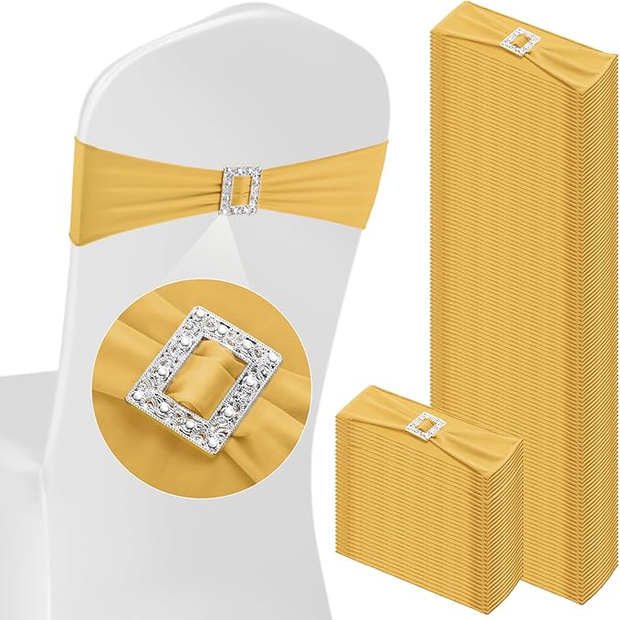 VitalCozy 100 Pcs Spandex Chair Sashes with Square Buckle Slider Stretch Chair Cover Band Universal Elastic Ties Straps Bows for Wedding Banquet Event Party Decoration(Gold)