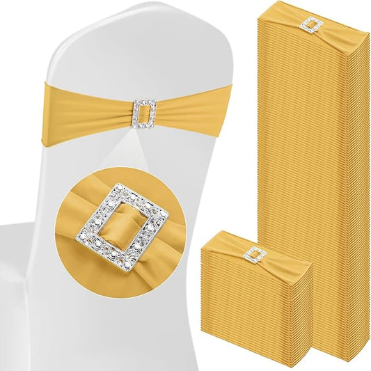 VitalCozy 100 Pcs Spandex Chair Sashes with Square Buckle Slider Stretch Chair Cover Band Universal Elastic Ties Straps Bows for Wedding Banquet Event Party Decoration(Gold)