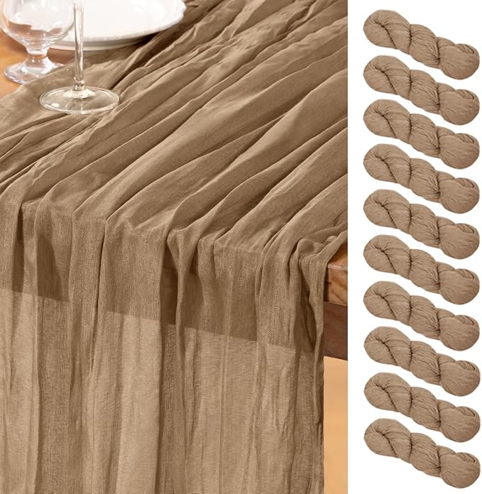 DeZerlor Nude Cheesecloth Table Runner 10 Pack Spring Easter Table Runners Boho Gauze 120 Inches Coffee Cheese Cloth Table Decor for Wedding Bridal Baby Shower Parties