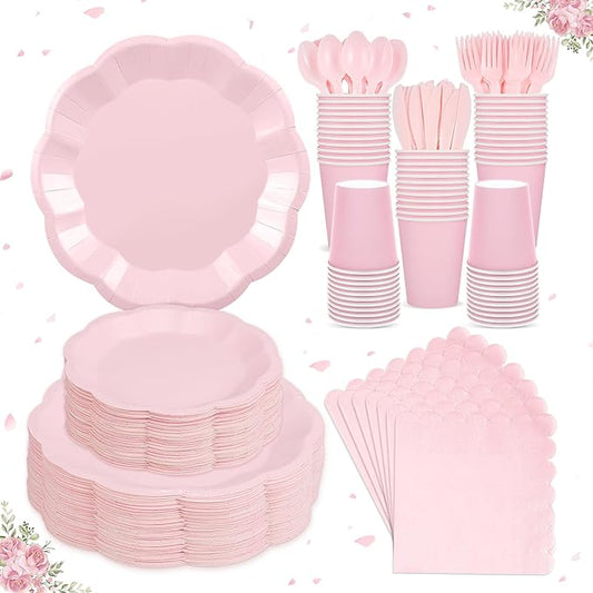 NatNarr 350 Pcs Pink Paper Plates and Napkins Set Include 9" Mothers Day Plates, 7" Dessert Plate Disposable Scalloped Tableware Serve 50 Guest for Wedding Baby Bridal Shower Birthday