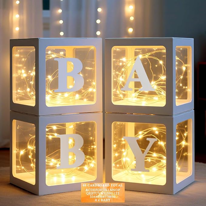 Ledido Baby Boxes with Letters for Baby Shower Decorations, 4 Pcs Transparent Balloon Boxes Blocks with Fairy String Lights, Clear Balloon Boxes for Boy Girl Gender Reveal 2026 HOCO Party Decor(White)