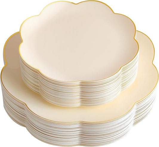supernal 60pcs Ivory Gold Plastic Plates, Elegant Scalloped Disposable Dinnerware Set (30 Dinner & 30 Dessert Plates) - Heavy Duty Cream Floral Plates for Wedding, Bridal Shower, Mother's Day&Parties