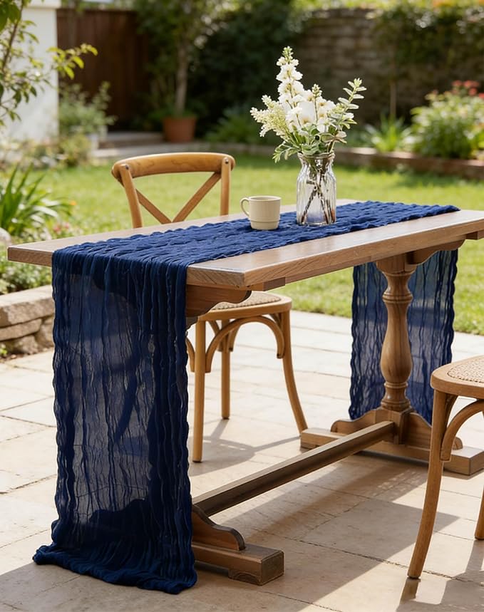 8 Pack Navy Blue Cheesecloth Table Runner 21x120 Inch Gauze Table Runners Reusable Polyester 10ft Boho Rustic Cheese Cloth Table Runner for Wedding Party Baby Shower