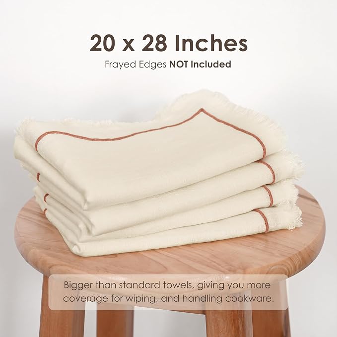 Linen World Dish Towels Set of 4, 20 x 28 Inch Linen Blend Kitchen Towel, Frayed Edge, Embroidered Border, Absorbent Large Tea Towels-Sand Beige