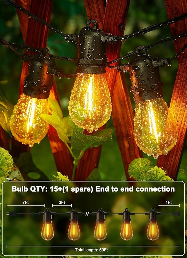 Brightown Outdoor String Lights, 50FT 15 Bulbs Shatterproof Patio Lights, IP65 Waterproof Dimmable Hanging Connectable LED Outdoor Lights for Backyard, Bistro, Porch, Deck, Balcony