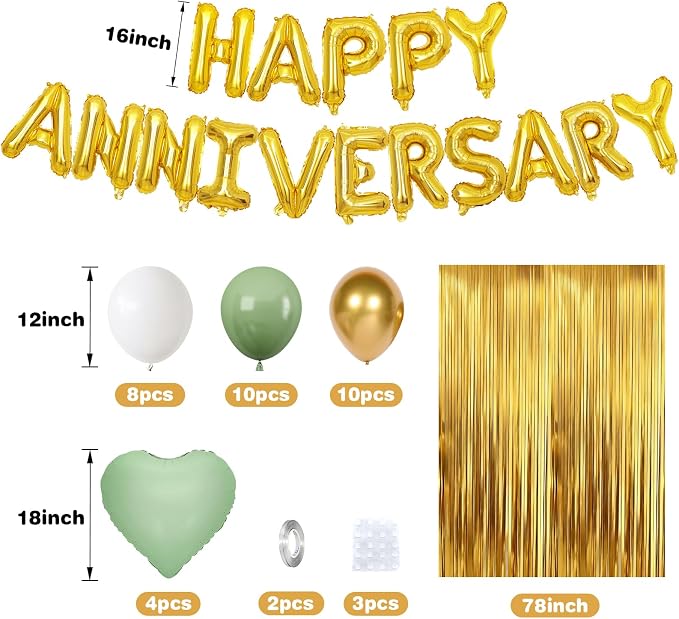 Anniversary Decorations Green Gold,Happy Anniversary Balloon Banner with Heart Foil Balloons Fringe Curtain for Wedding Party Valentine's Day Romantic Night Surprise