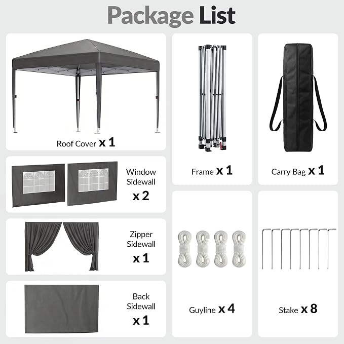 10x10 Pop Up Canopy with Sidewalls, Instant Tent with Carry Bag, Height Adjustable Waterproof Shade Canopy, for Event, Parties, Camping (Grey, 10x10 with Sidewalls)