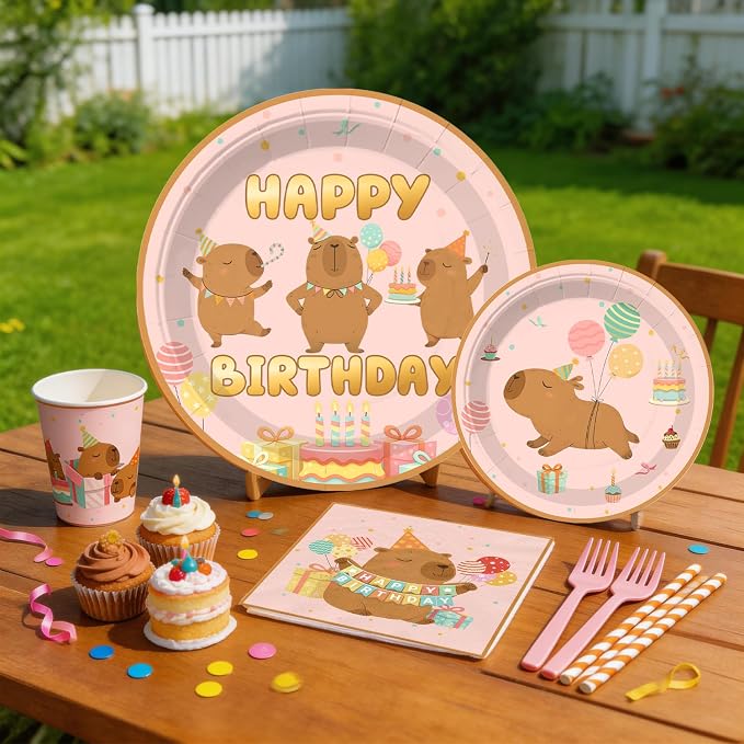 Xynic 208Pcs Capybara Birthday Decorations Tableware Set - Serves 25 Guests - All-in-One Kit with Balloons, Banner, Cake Toppers, 350gsm Plates, Tablecloths, Backdrop, and Honeycombs