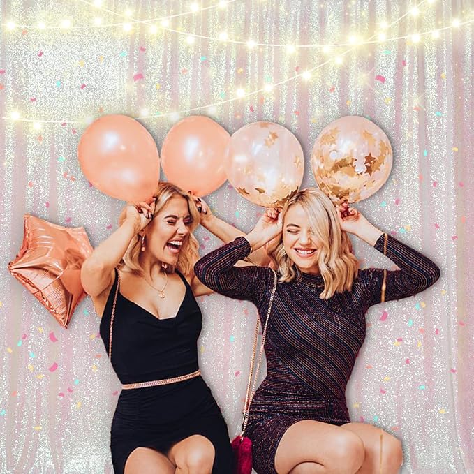 PartyDelight Iridescent White Sequin Backdrop 20x10ft 4 Inch Rod Pocket | Iridescent white 3mm sequins show pink and purple tones under light on mesh backing for photos arches stages and party walls
