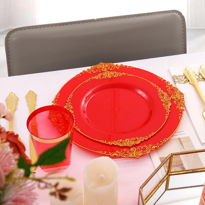 Morejoy 175PCS Red Plastic Plates,Red Disposable Plates With Gold Rim,Red and Gold Plastic Dinnerware Set Includes: 50 Plates,25 Silverware Sets,25 Cups,25 Napkins,Perfect for Party,Mother's Day