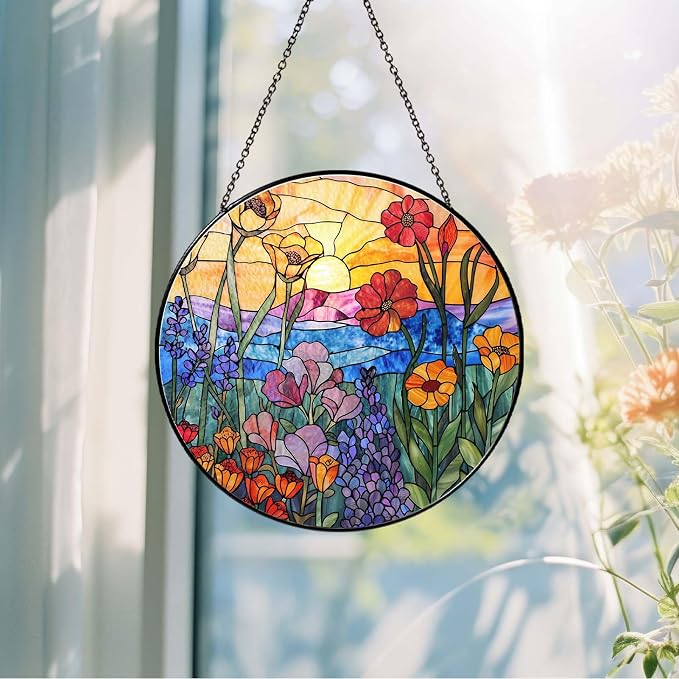Wildflowers Stained Glass Suncatcher for Window, 7.8in Hanging Decor | Stained glass hanging window suncatcher, colorful sun catcher for indoor window decor and thoughtful gifts for women birthday