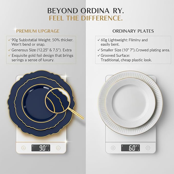 KIRE 210Pcs Navy Blue Plastic Plates - Blue and Gold Plates Disposable - 30guest Baroque Plastic Dinnerware for Upscale Wedding/Parties/4th of July