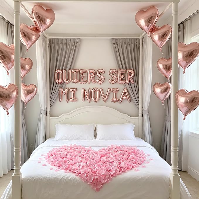 QUIERES SER MI NOVIA - 1200pcs Rose Gold Artificial Roses, 16" Letter Balloons, 18" Heart Balloons - Valentines Day Decorations