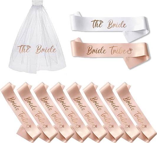 PartyGifts&beyond Bachelorette Party Favors Bride To Be Sash and Veil Set Bachelorette Sashes Bridal Shower Gifts Bride Tribe Sash (11 Sets)