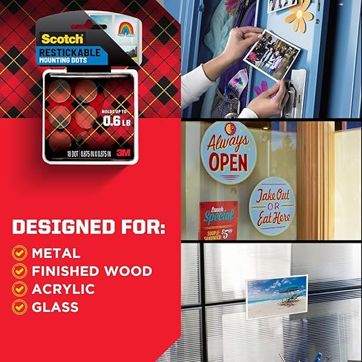 Scotch Restickable Mounting Dots, Clear, 7/8-Inch Circles, 216 Pack (12 Packs of 18)– Reusable Double-Sided Adhesive for Photos, Posters, and Lightweight Items