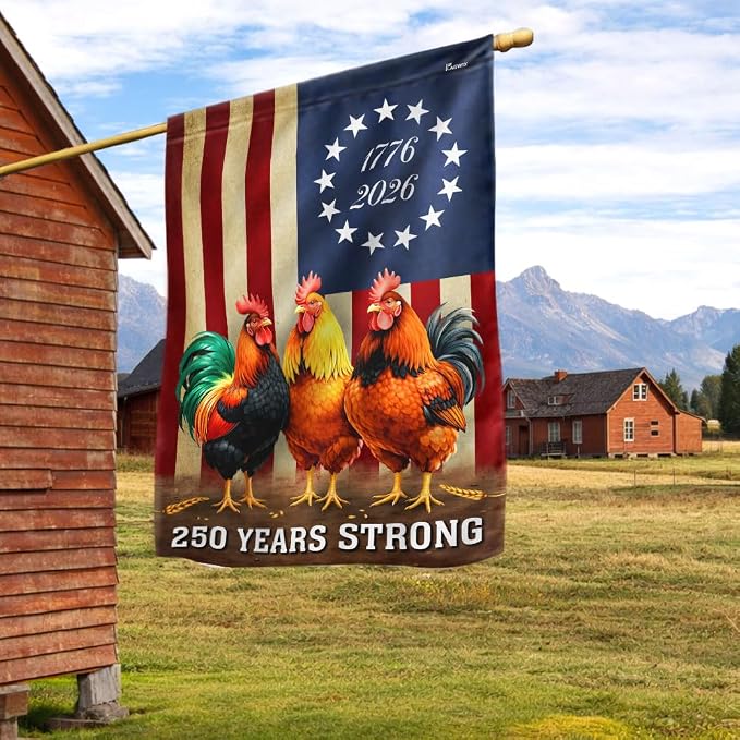 American Flag-250 Years Strong 1776 2026 Chicken Flag, Patriotic Rooster Farm Decor, Garden Flag (11.5" x 17.5")-USA Premium Polyester