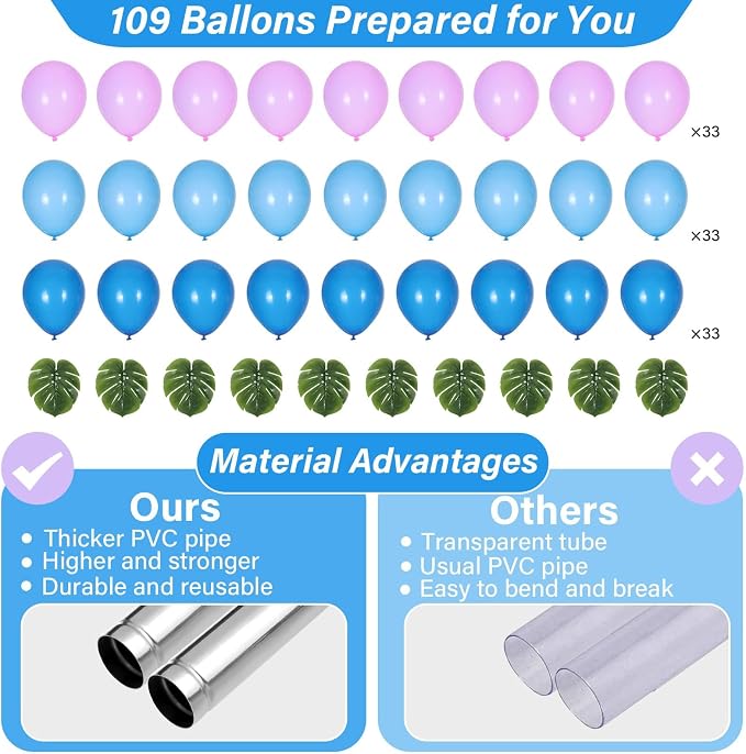 2 Sets Blue Purple Balloon Column Stand Kit with 99 Blue Purple Foil Balloons 10 Palm Leaf 5.57ft Adjustable Balloon Tower Stand with Bases Adjustable Arch Column for Tropical Birthday Party Decor