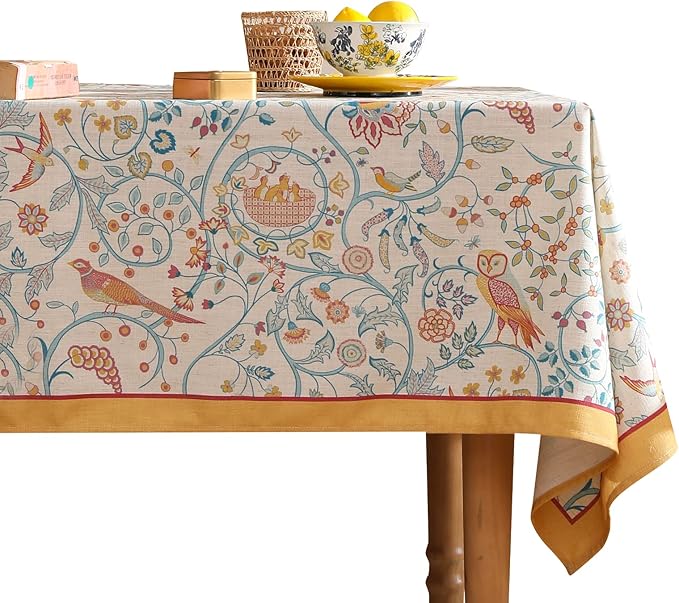 patdrea Vintage French Linen Tablecloth,Rectangular,110"x63"-Magnolia | Colorful Elegant Table Cloth for Rectangle Table,Yellow Floral Bird Print,Dining Room Tea Party Decoration,Durable