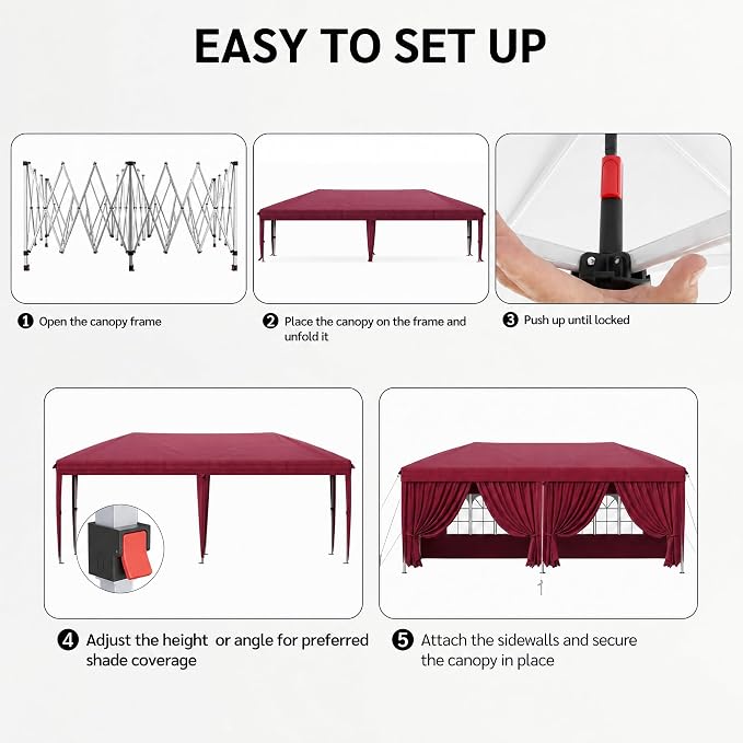 KIGOTY 10x20 FT Portable Pop Up Canopy Tent, Adjustable Height Instant Gazebo with Sidewalls, Sandbags, Waterproof Outdoor Canopy for Camping, Parties, Vendor Events (RED, 3m × 6m with sidewalls)