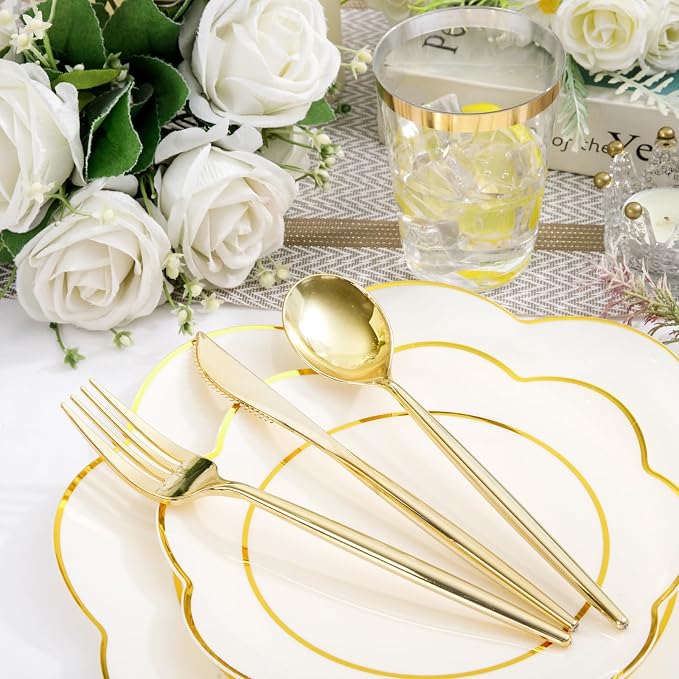 ejonirinjonir EI 180pcs Beige Plastic Plates with Gold Plastic Silverware,Heavy-Duty Disposable Plates for Party,White Dinnerware Set for 30 Guest Wedding,Afternoon Tea,Spring,Valentine's Day,Easter